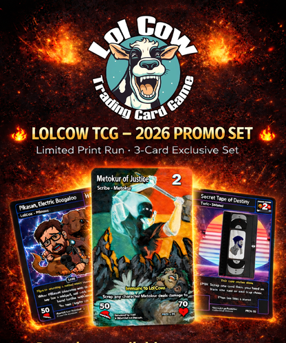 LolCow TCG 2026 Promo Set (3 Cards) – PREORDER Metokur of Justice + Pikasan, Electric Boogaloo + Secret Tape of Destiny